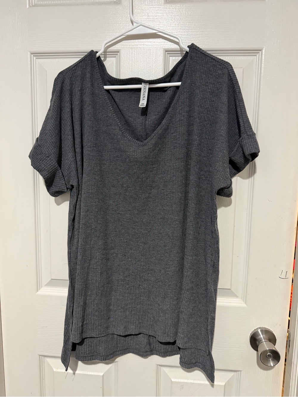 Zenana Outfitters Charcoal Ribbed V-Neck Short Sleeve Top